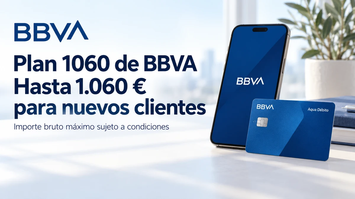 Plan 1060 de BBVA: hasta 1.060 € brutos para nuevos clientes, sujeto a condiciones.