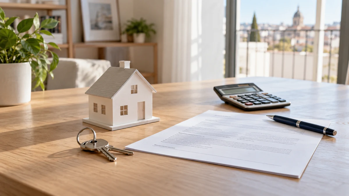 Comparador de hipotecas: maqueta de una vivienda con llaves, calculadora y documentación.