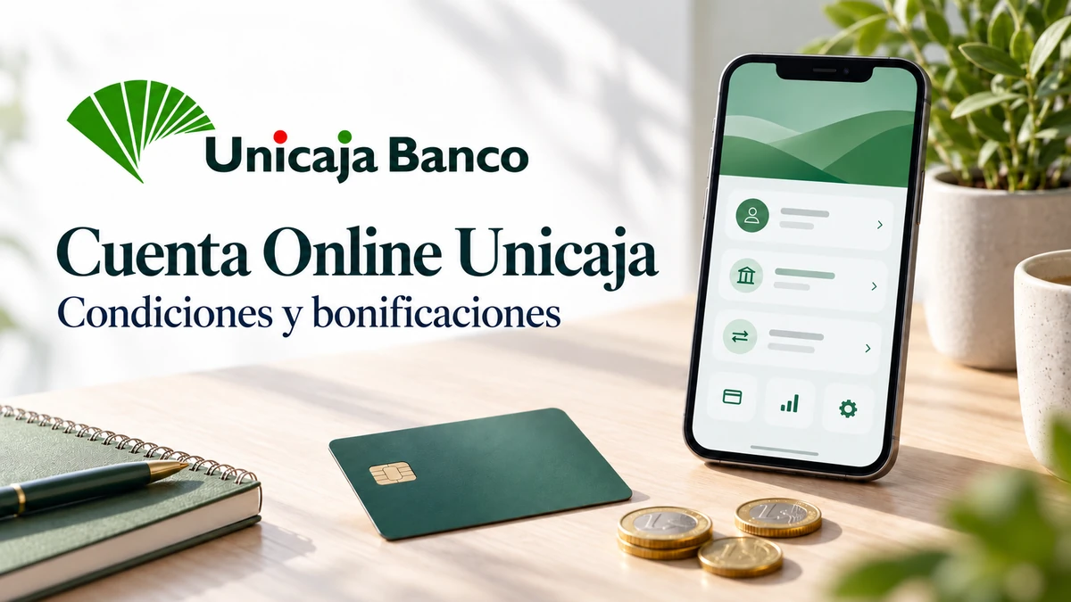 Cuenta Online Unicaja: logo de la entidad junto a un móvil, una tarjeta y monedas de euro.