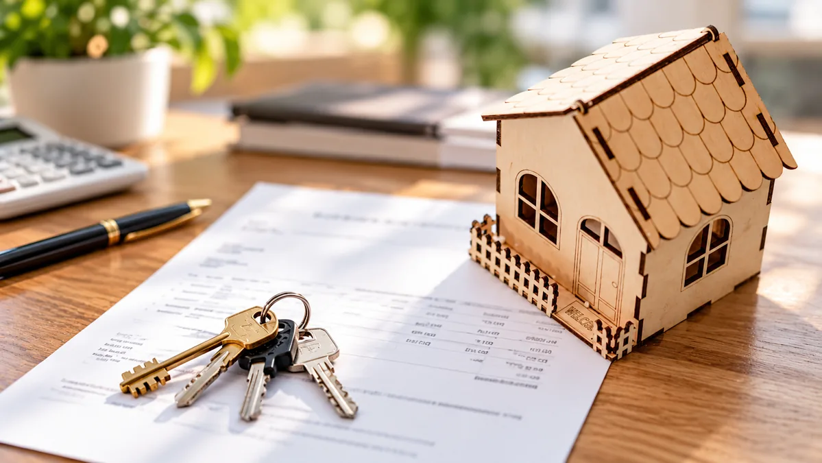 Hipoteca fija o variable: casa de madera, llaves y calculadora sobre un contrat