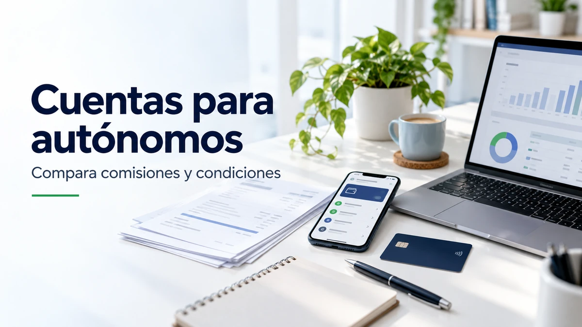 Mejor cuenta para autónomos: escritorio con portátil, móvil, tarjeta y documentos para comparar cuentas profesionales.
