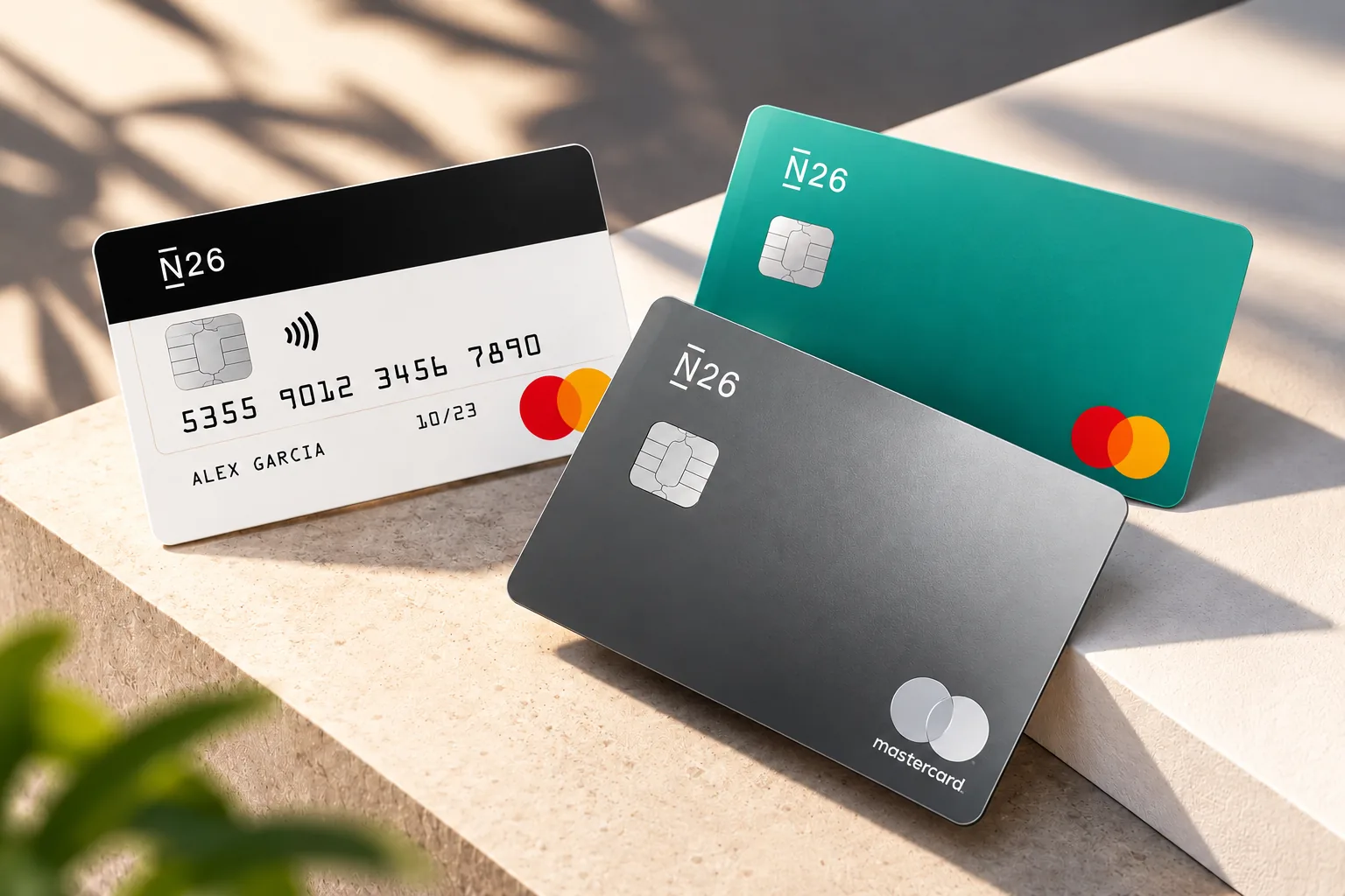 Qué es N26: tarjetas N26 Mastercard blanca, turquesa y gris