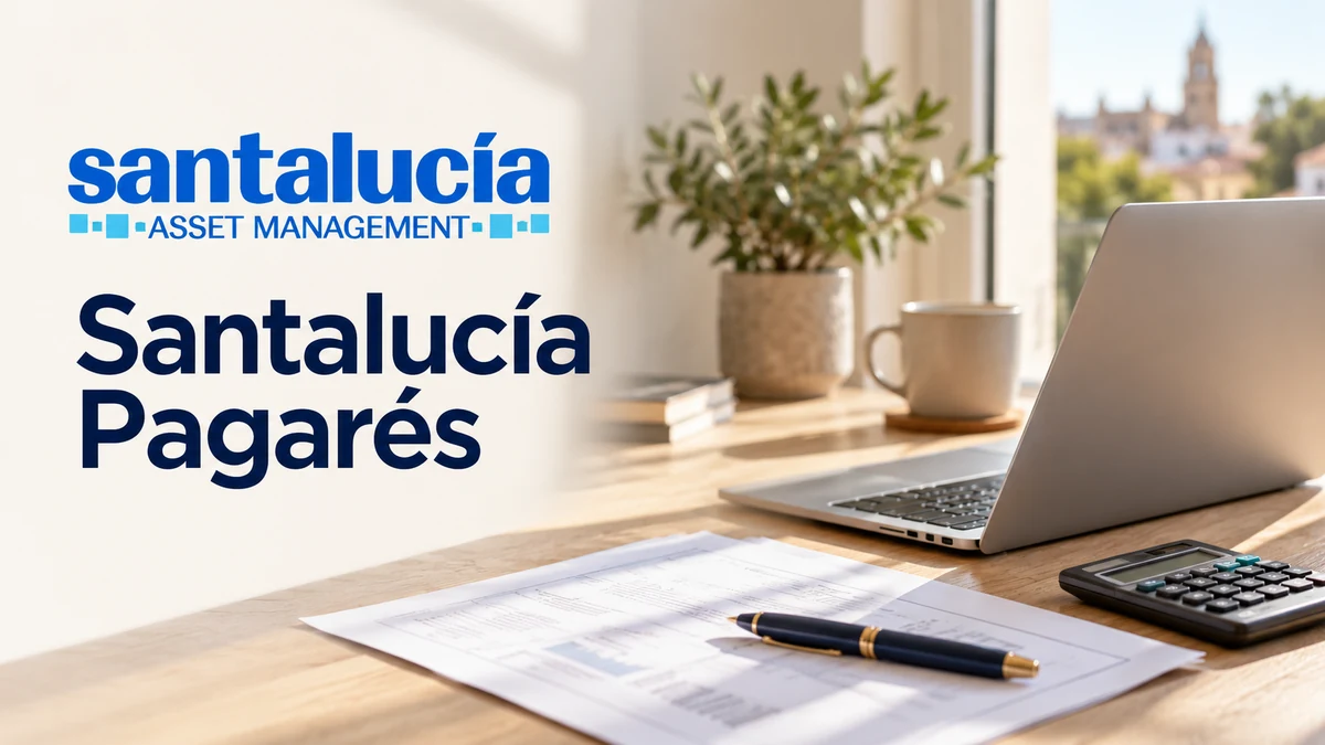 Santa Lucía fondos de inversión: imagen de Santalucía Pagarés con el logo de la gestora, un portátil y documentación financiera